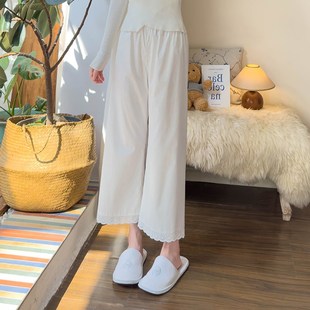 空调家居裤 春秋薄款 宽松阔腿裤 女简约纯色花边长裤 女 九分睡裤