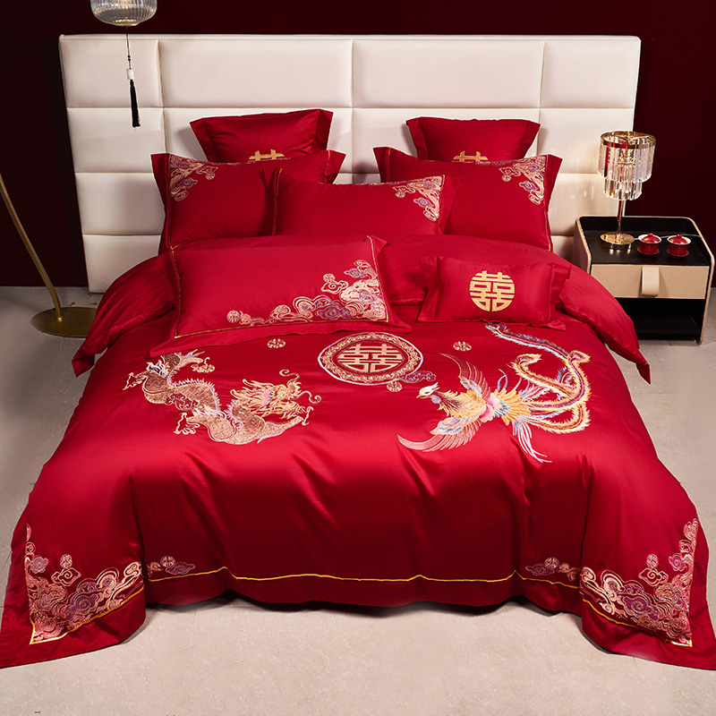 新中式大红色龙凤婚庆四六件套100支长绒棉被套结婚床上用品4