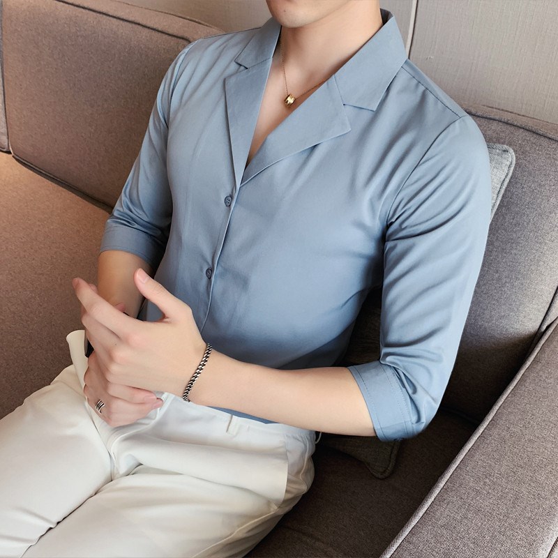 七分袖衬衫男韩版潮流领男士中袖衬衣帅气个性发型师寸衫