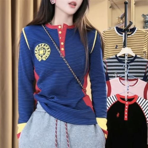 撞色条纹拼接长袖圆领单排扣T恤2024冬季新款时尚减龄洋气打底衫