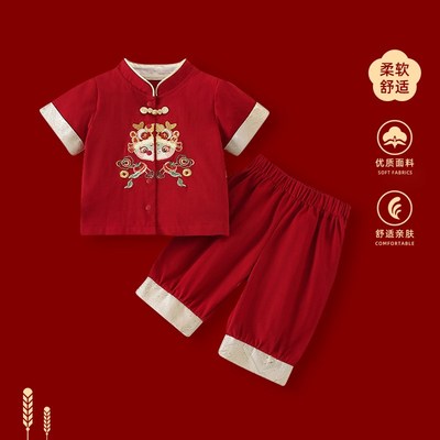 周岁男宝a礼服夏季2025婴幼儿百天抓周宴衣服一岁生日红色中式唐