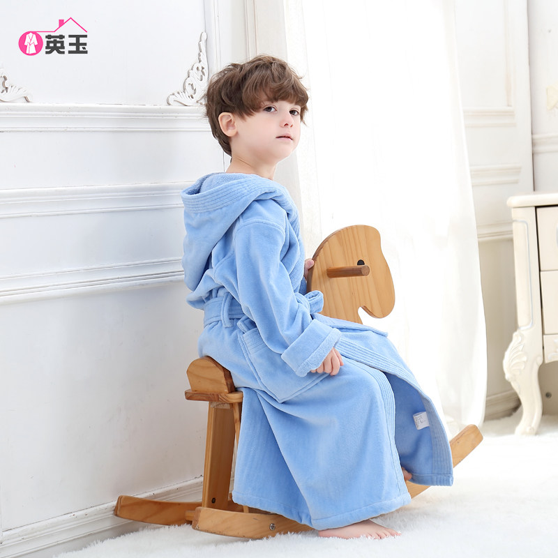 儿童浴袍A类纯棉割绒毛巾料加厚带帽男女童浴衣吸水W可穿浴巾四季