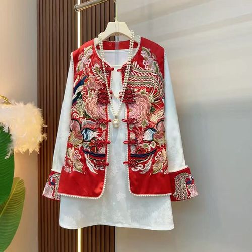 胖妹妹亮钻盘扣花朵国风马甲大码C女装复古风百搭拼色袖口打底衬