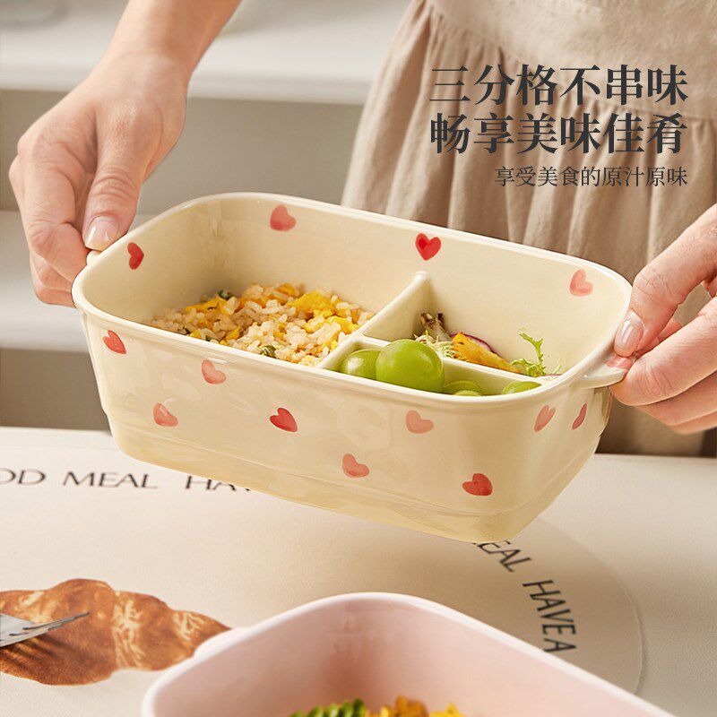 高颜值陶瓷饭盒上班族分隔带饭餐盒可微波炉加热大容量.密封便当