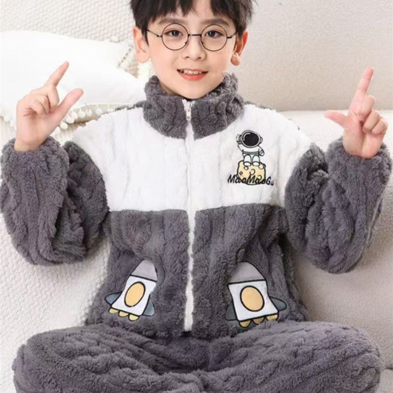 男女童加绒睡衣202o4秋冬法兰绒儿童女孩加厚珊瑚拉炼家居服套装