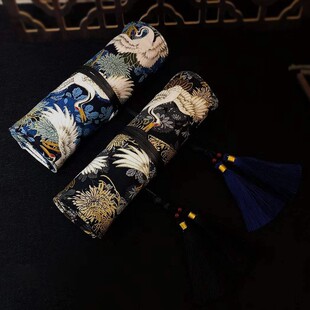 日系古风黑色卷笔袋钢r笔笔帘学生帆布男女简约大容量文具袋礼物