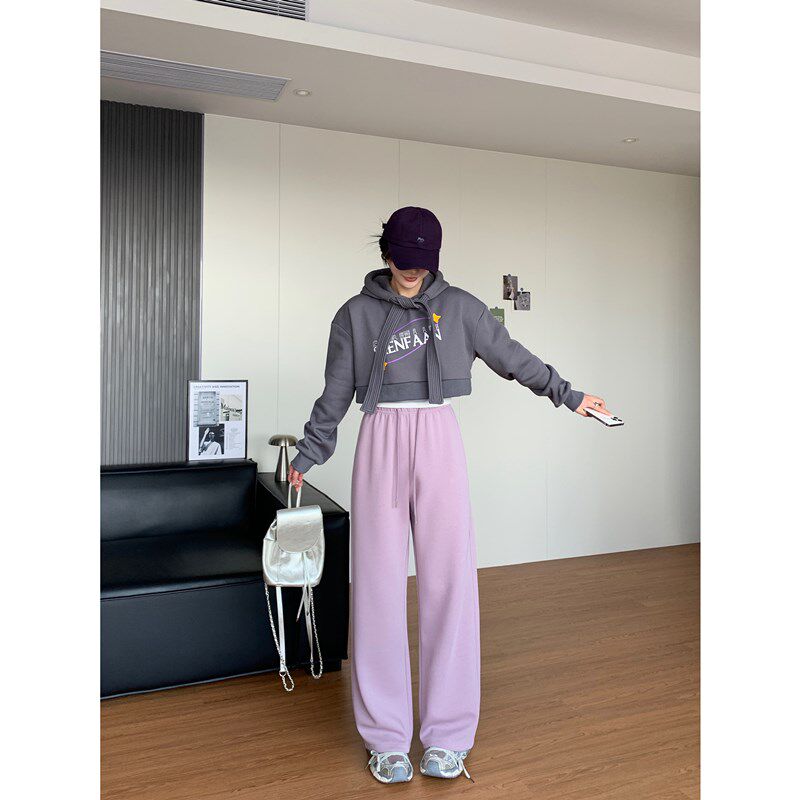 纯色松紧高腰束脚两穿休闲裤女春款宽松百搭O直筒阔腿裤拖地卫裤