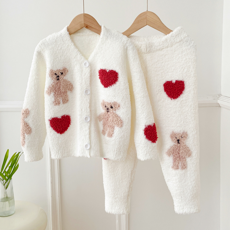 秋冬款半边绒儿童睡衣开衫套装女童亲G子珊瑚绒家居服法兰绒软绵