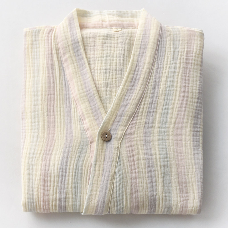 彩虹条和服睡袍女士春秋夏季纯棉B纱布薄款宽松汗蒸浴袍家居服睡