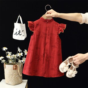 女童旗袍夏季中式民国古风宝宝红色连衣裙女孩洋气U无袖背心公主