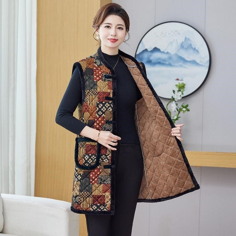民族风妈妈装秋冬新款加绒中长夹棉马甲中L老年女唐装背心棉服外
