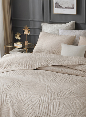 纯白色叶子双面绣花绗缝被三件套夹棉床盖L双人床单床罩夏凉空调