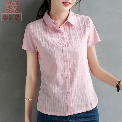 粉色短袖套头f衬衫女夏装薄款气质polo领纯棉t恤纯色拼接宽松上衣