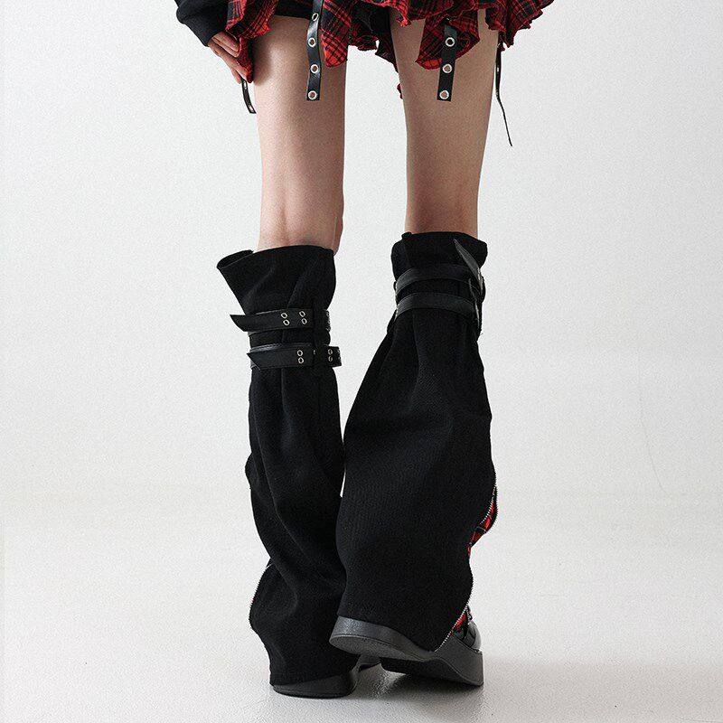 Solost 亚文化牛仔格子腿套女微喇显瘦辣M妹舞蹈穿搭长筒绑带袜套