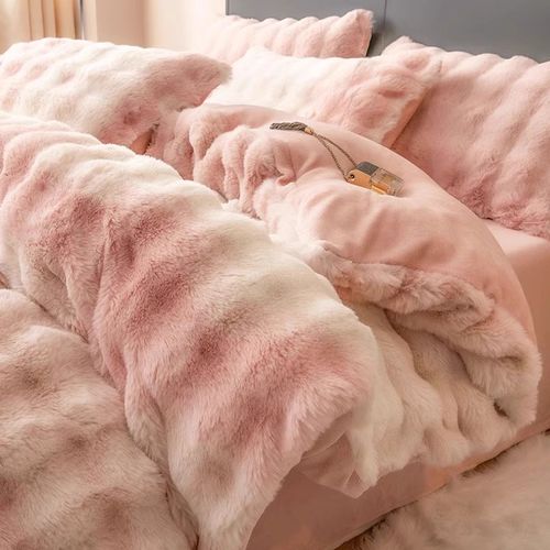 渐变色兔兔毛绒四件套牛奶珊瑚绒床单被套冬O季新款法兰绒床上用