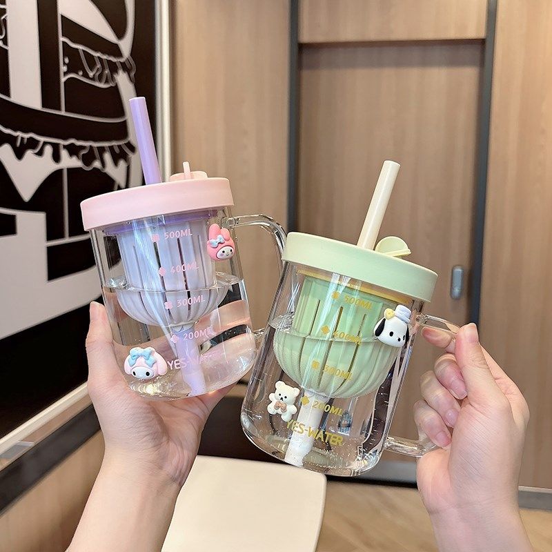 泡茶玻璃杯女高颜值夏天耐热吸管水杯带把手M办公室茶水分离刻度