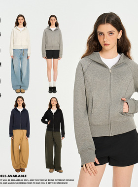 ANS420g美式重磅连帽开衫卫衣春秋季女潮牌纯色修身灰色短款外套