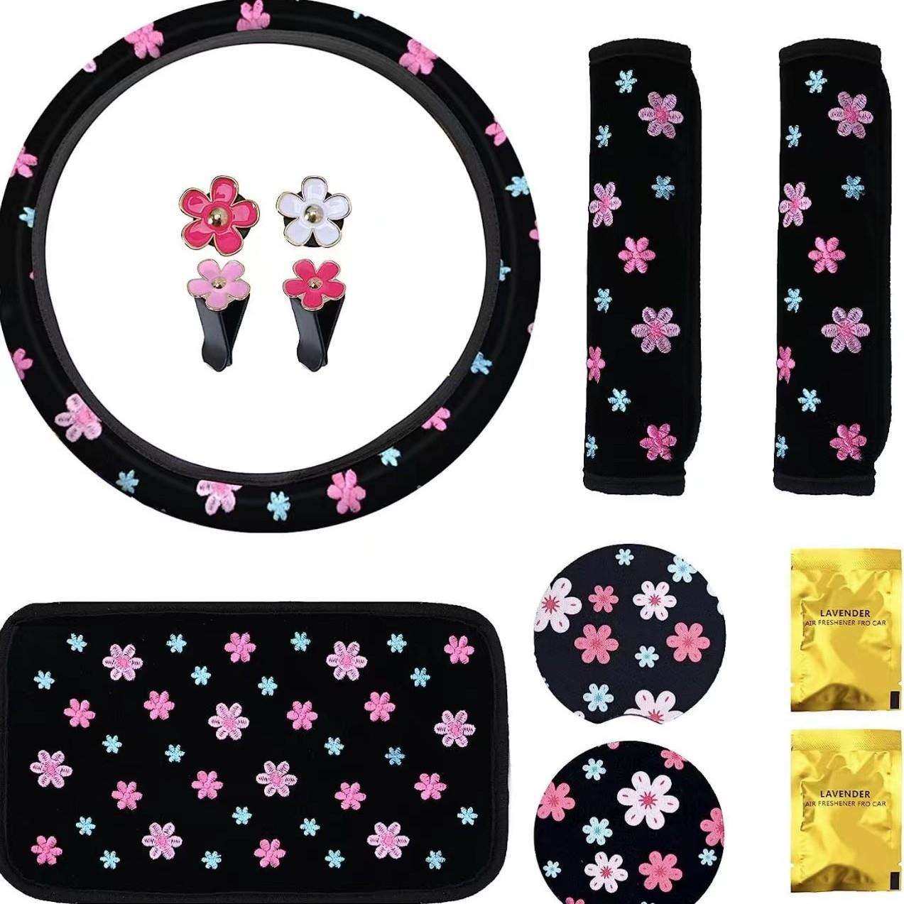 跨境刺绣方向盘套套装10件套护肩扶手箱垫杯垫出风口汽车花朵夹,鲜花速递/花卉仿真/绿植园艺,割草机/草坪机,淘宝优惠券,粉丝福利购,淘宝优惠卷