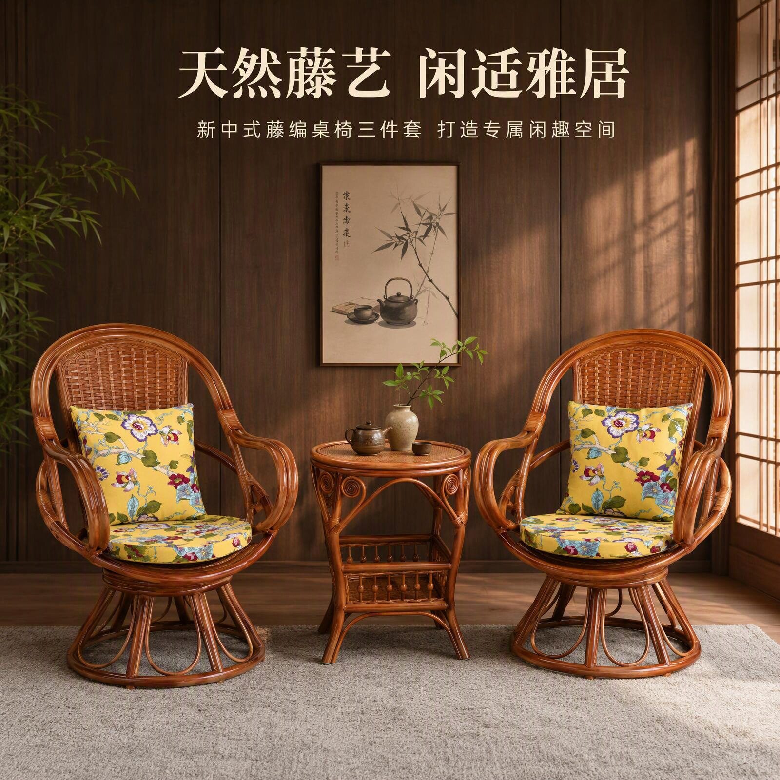 古典茶几藤椅家用客厅单人靠背椅休闲三件套真藤椅子茶几高背转椅