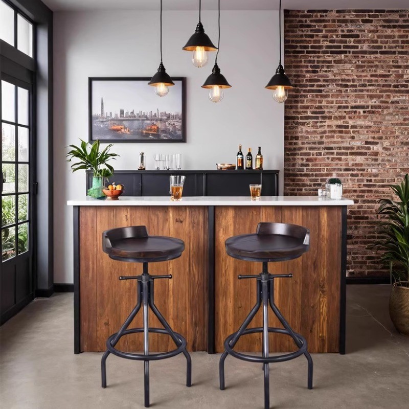 美式工业风乡村吧台凳家用木凳子厨房柜台铸铁凳升降旋转凳低靠背