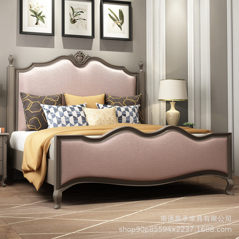 美式轻奢实木床法式复古雕花高级灰1.51.8米布艺双人床高背公主床