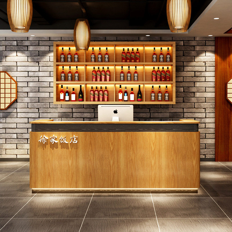 饭店吧台收银台酒柜一体复古实木餐饮前台接待台餐馆商用简约柜台图片