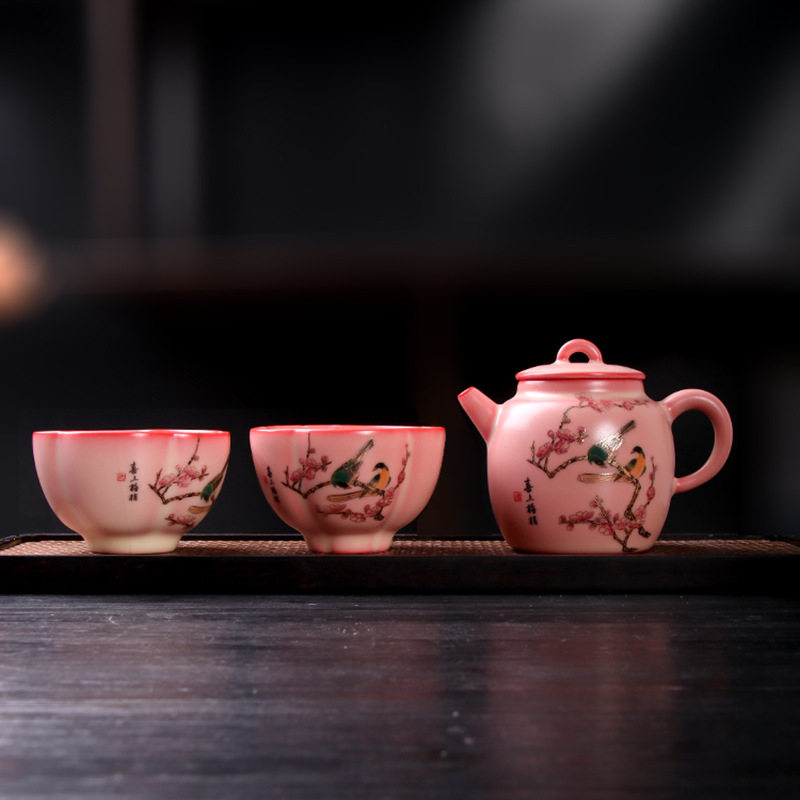 李辉熠猪油冻喜上眉梢秦权壶一壶两杯茶具套装粉红女士陶瓷茶具
