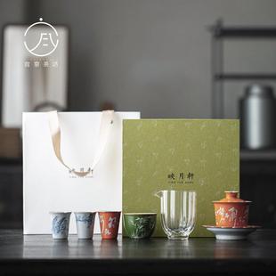 复古青花手绘茶具套组文人器岁寒三友盖碗家用茶礼套装