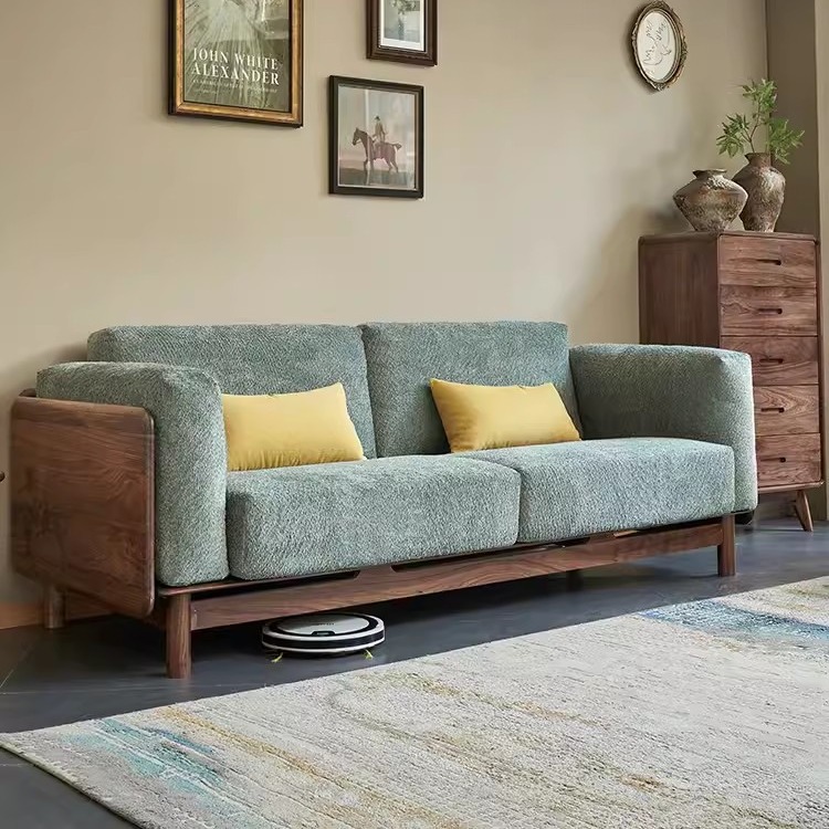 北美黑胡桃木实木沙发组合北欧日式小户型布艺樱桃木原木三人沙发