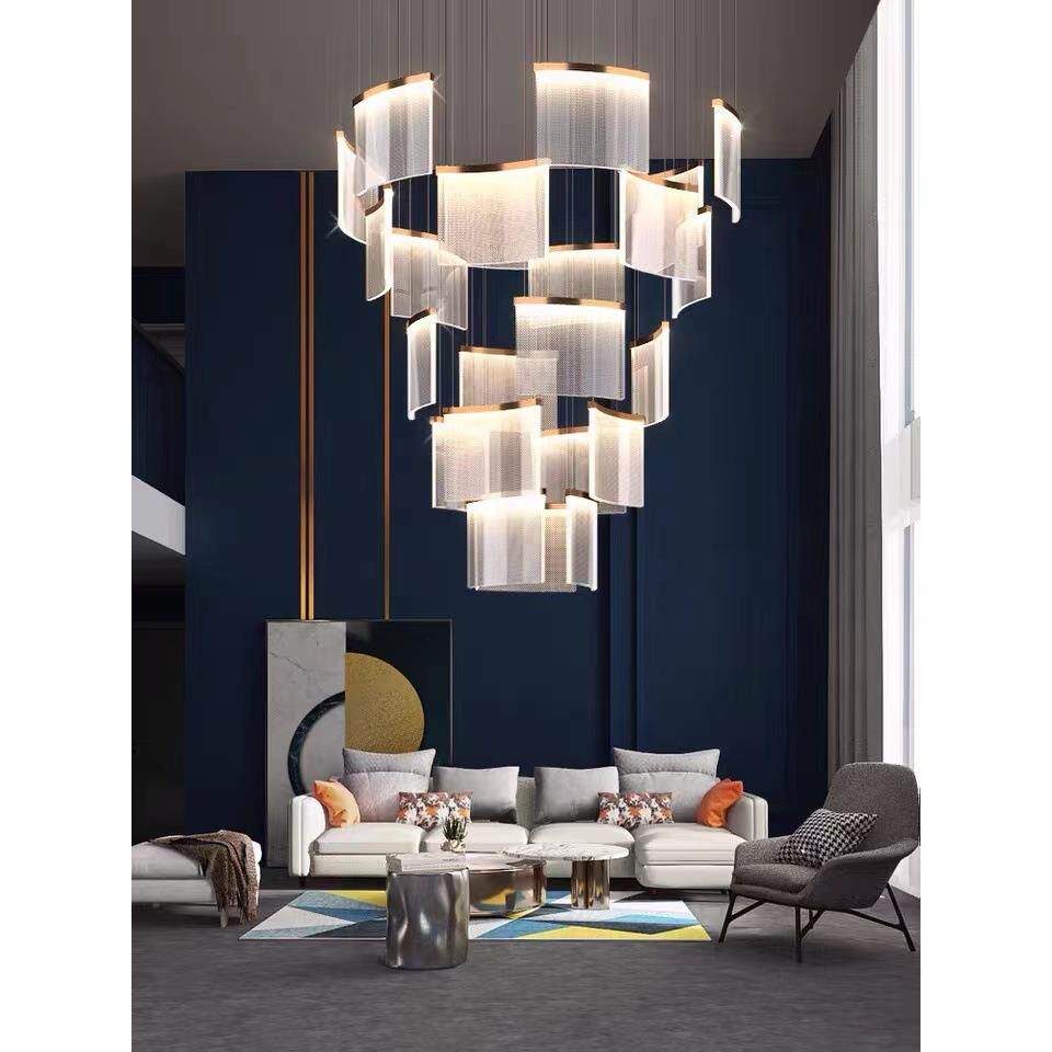 复式楼大厅灯别墅挑高客厅楼梯长吊灯酒店售楼部创意瓦片轻奢灯饰