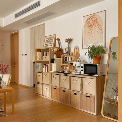 原木风落地书架实木靠墙柜子储物柜家用收纳柜客厅隔断柜格子书柜