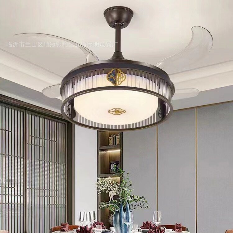 中国风大气吊扇灯餐厅灯风扇灯新中式复古实木餐厅吊灯简约变频大