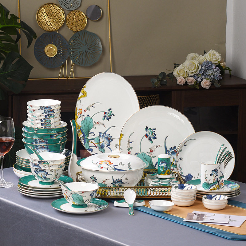 新中式荷花骨瓷套装 家用陶瓷餐具组合碗碟汤碗汤勺饭盘,电子元器件市场,电线扎带/束线带,淘宝优惠券,粉丝福利购,淘宝优惠卷