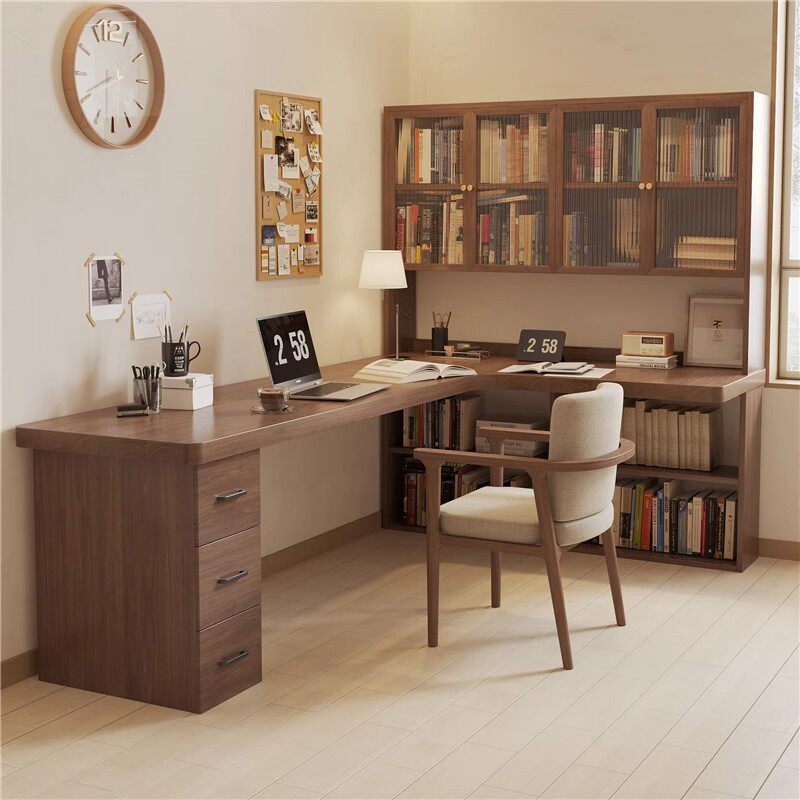 实木书桌书柜书架一体转角l型桌子卧室电脑桌椅组合学生学习桌