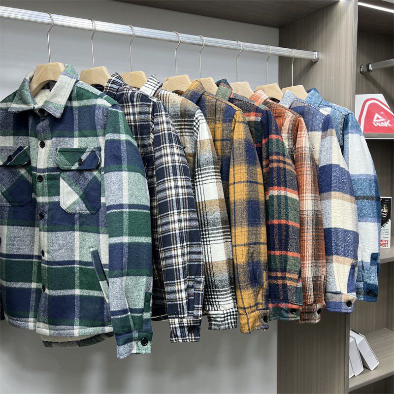 西班牙订单 秋冬翻领加绒加厚格子磨毛仿羊羔绒男款衬衫外套棉衣