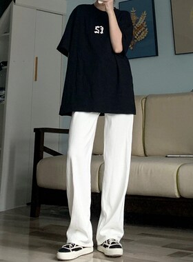 白色窄版阔腿牛仔裤女2024年新款春秋季高腰宽松垂感显瘦直筒裤子