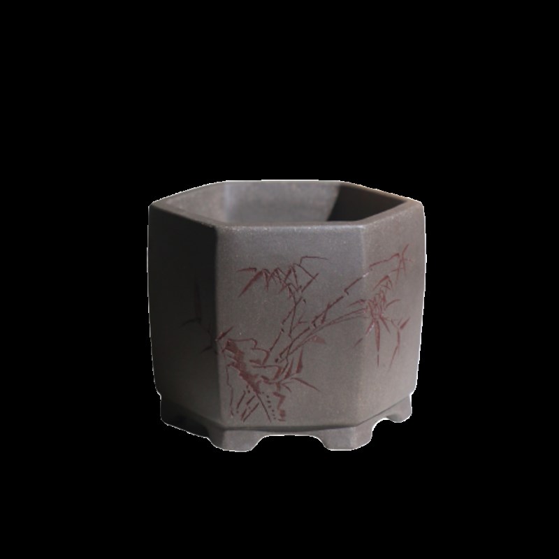 紫砂花盆青灰泥六方形六角形刻绘盆景盆菖蒲盆觅陶乡苏兵名家盆