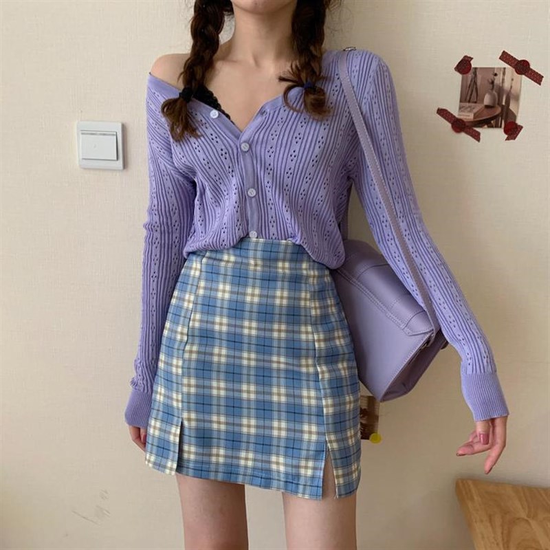 大码高腰紫色包臀格子半身裙女子胖mm显瘦开叉a裙遮胯短裙半身裙