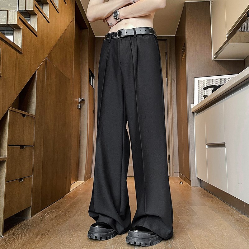 黑色垂感显瘦小西裤男士免烫阔腿宽松坠感直筒轻熟风微喇叭西装裤