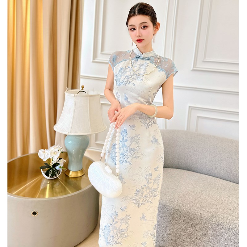 飞姐定制新中式收腰显瘦国风立领蕾丝拼接旗袍连衣裙女夏气质长裙