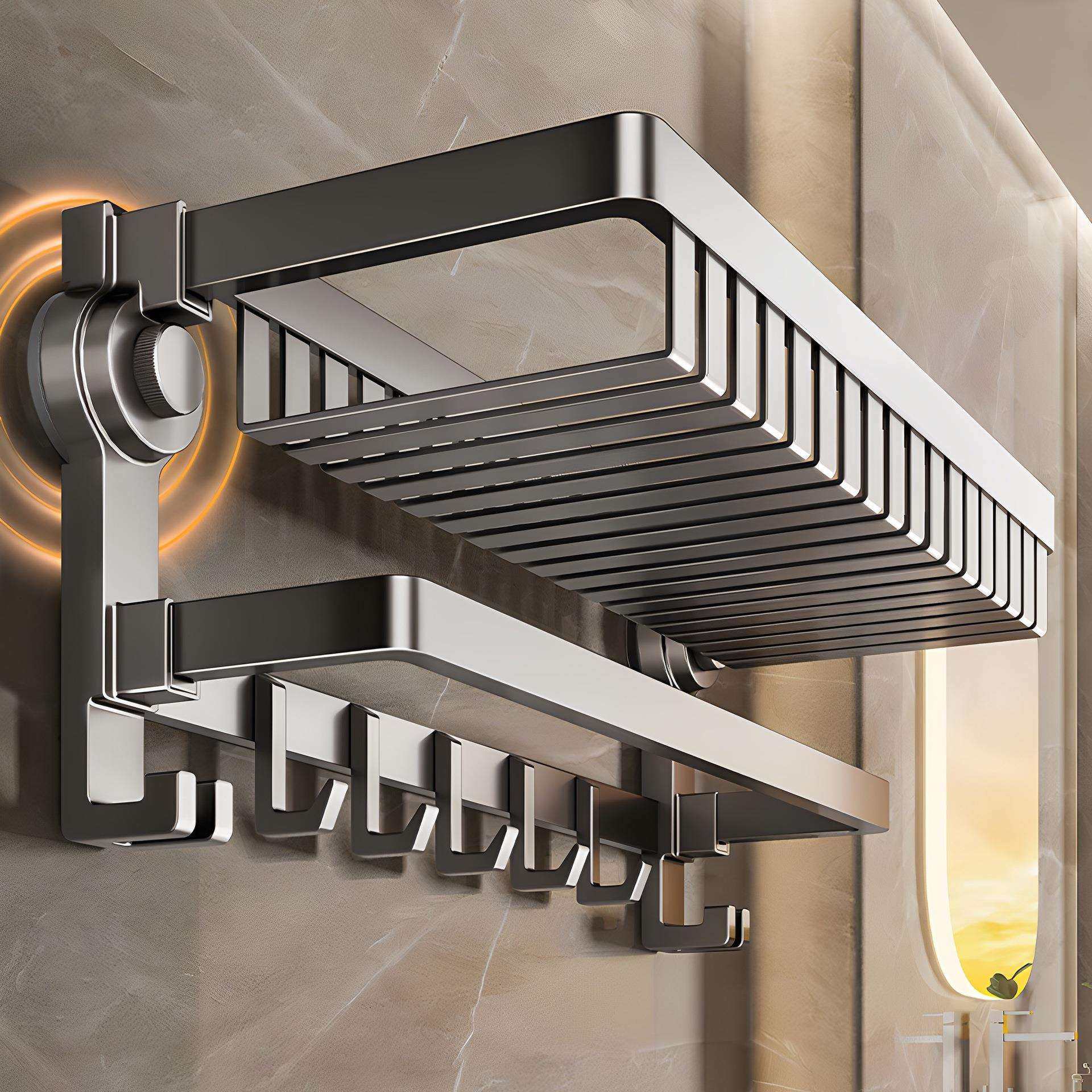 百悍吸盘毛巾架免打孔浴室置物架挂毛巾卫生间可折叠收纳壁挂一体,3C数码配件,USB灯,淘宝优惠券,粉丝福利购,淘宝优惠卷