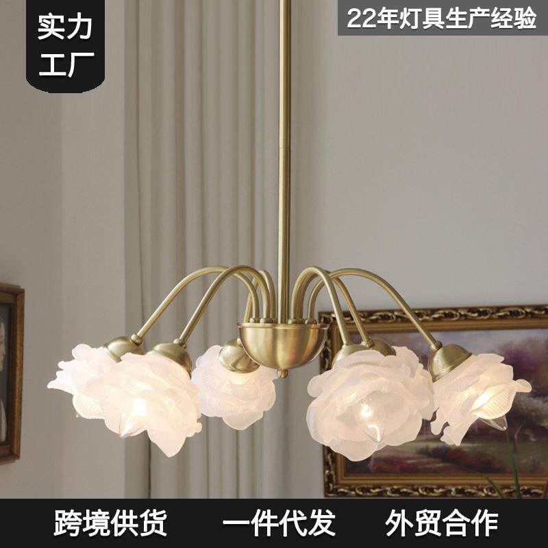 跨境复古美式田园玫瑰花吊灯卧室书房法式中古乡村风客厅灯具中山