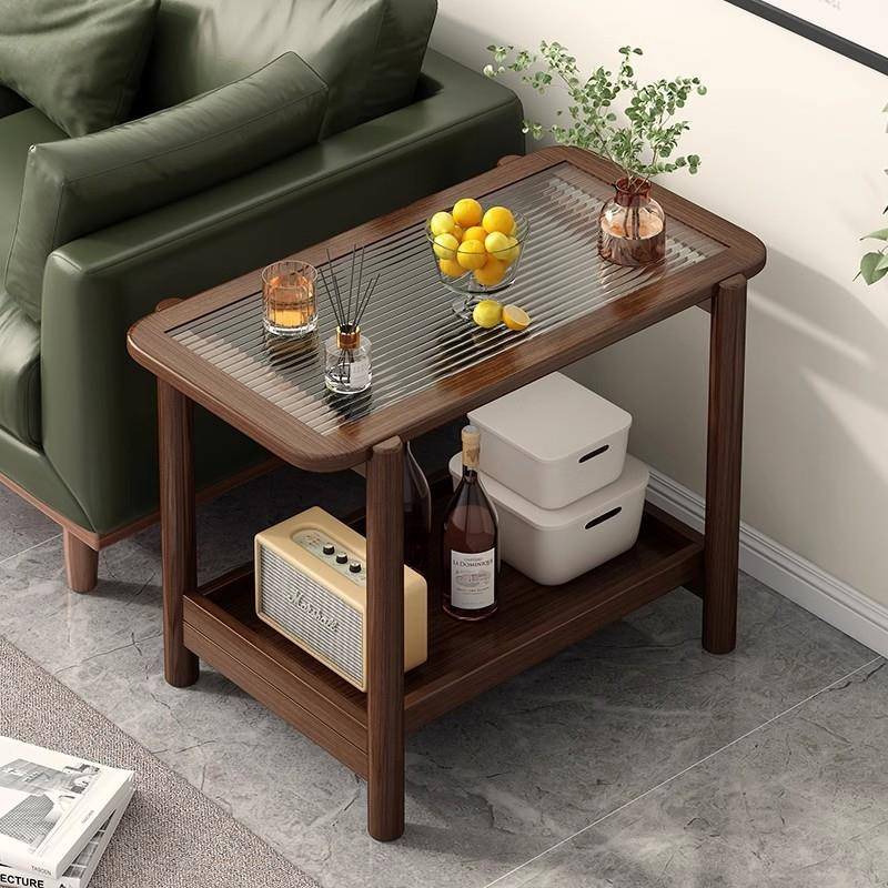 实木边几客厅家用沙发旁双层玻璃小茶几简约现代方形小桌子置物架