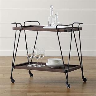 复古实木铁艺餐车双层家用厨房小推车餐盘车移动餐厅酒架茶水车柜