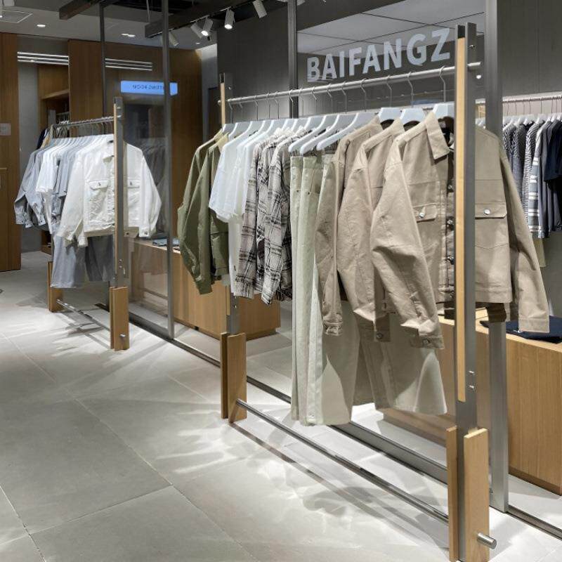 服装店展示架不锈钢挂衣架男女装陈列货架落地式木质中岛架子
