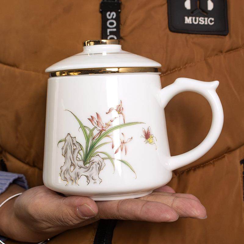 羊脂玉手绘白瓷茶水分离简约办公室泡茶杯描金带把盖过滤陶瓷