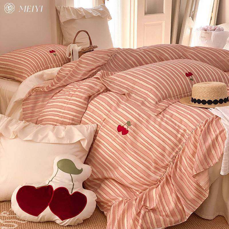 韩式少女心100S长绒棉樱桃刺绣四件套全棉纯棉被套罩可爱床上用品