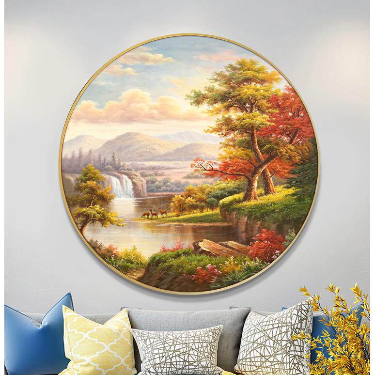 油画挂画纯手绘装饰画圆形欧式风景山水玄关画客厅餐厅立体画
