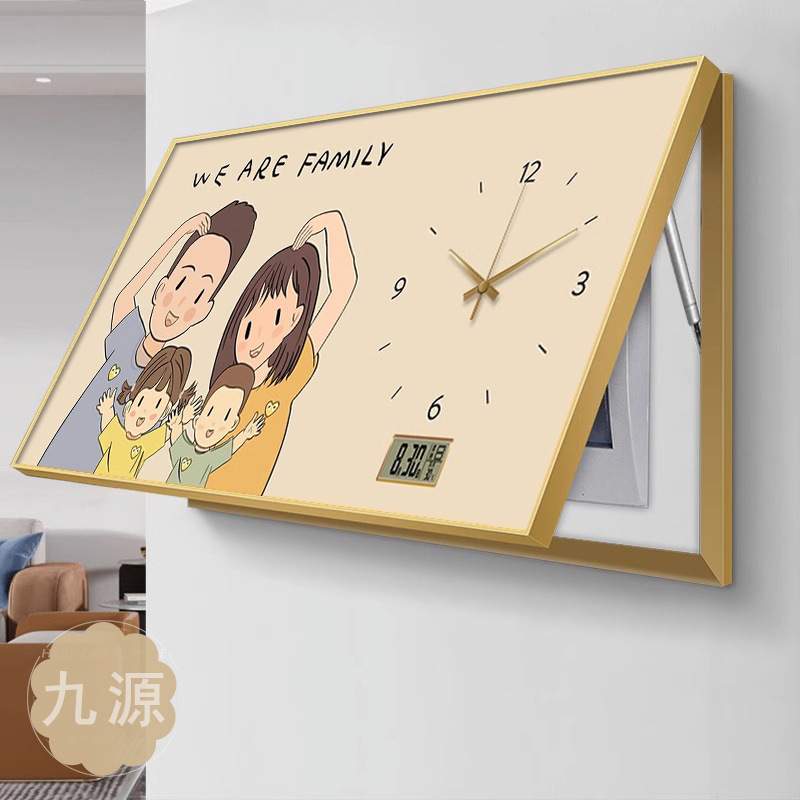 一家三四口大尺寸电表箱装饰画现代轻奢遮丑箱挂画横版钟表万年历