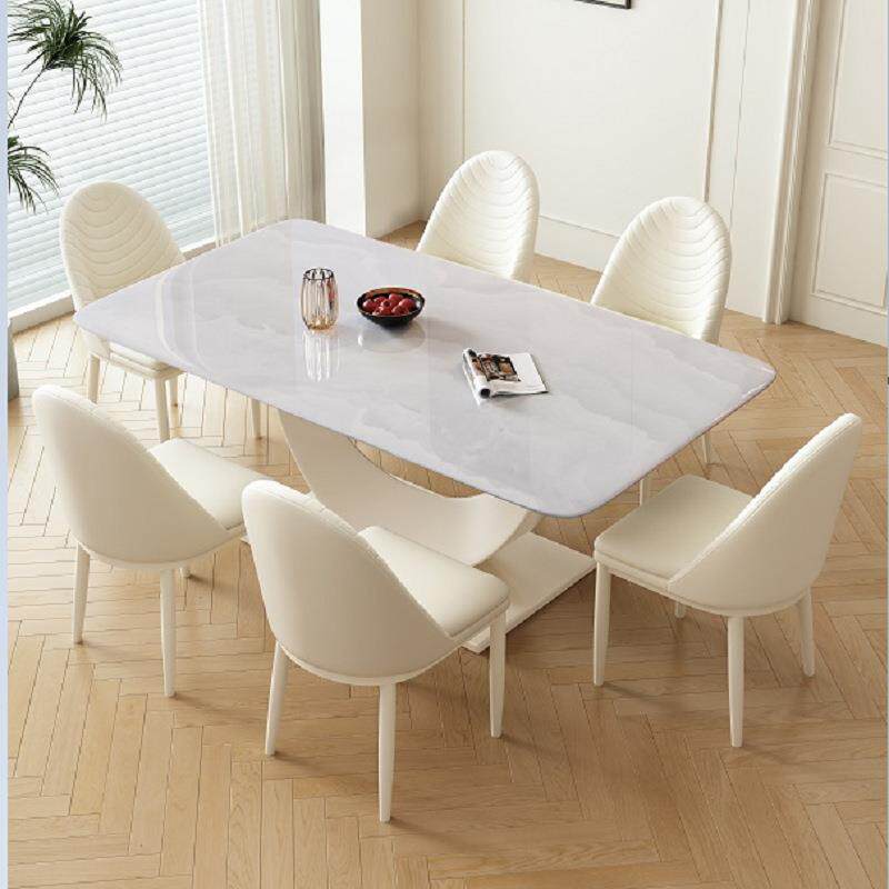 奶油风白色岩板餐桌椅组合家用小户型客厅现代简约长方形吃饭桌子